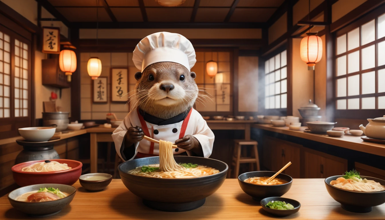 Lontra chef antropomorfa che prepara ramen in un ristorante giapponese