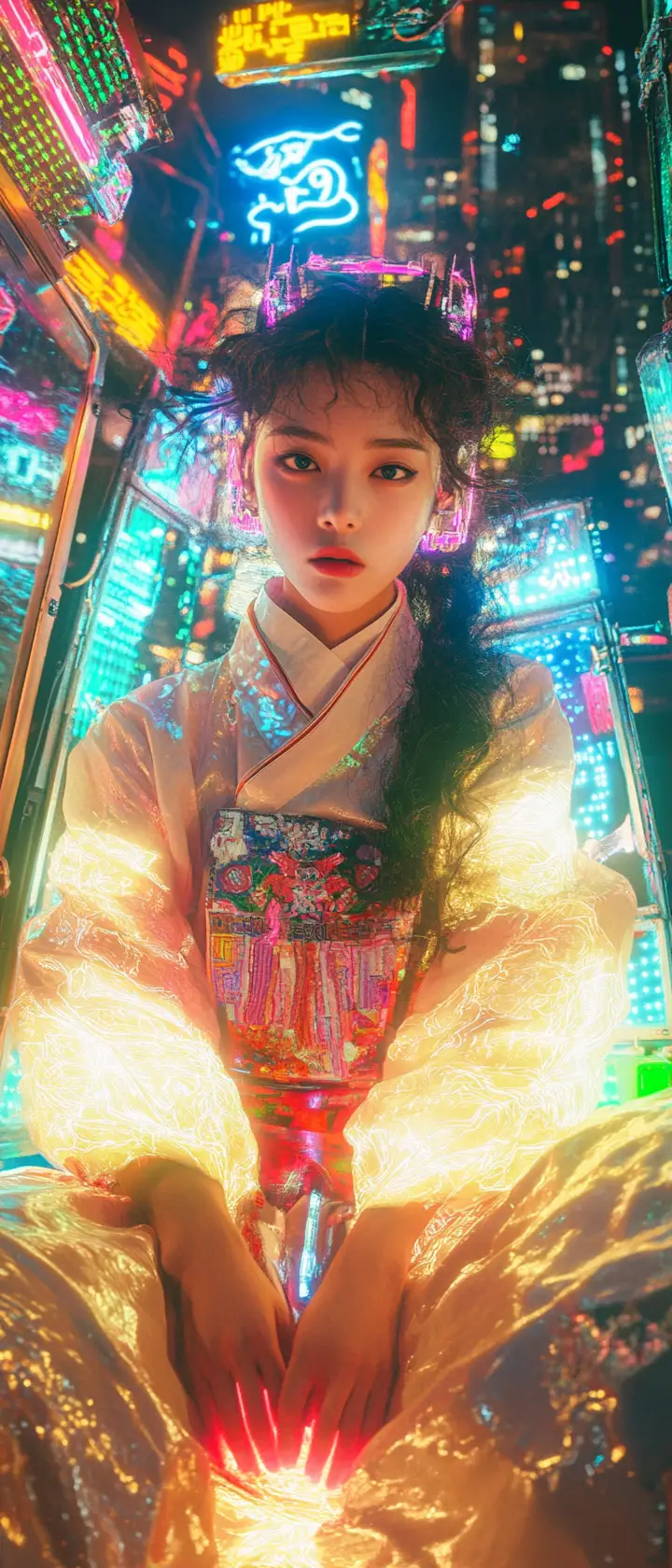 Cyberpunk k pop idol in neon futuristic hanbok cityscape