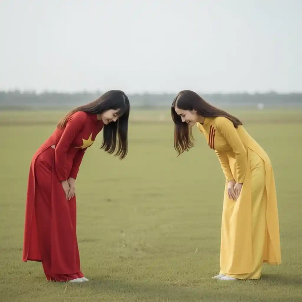 Zwei Mädchen in kontrastierenden Ao-Dai-Kleidern auf grüner Wiese