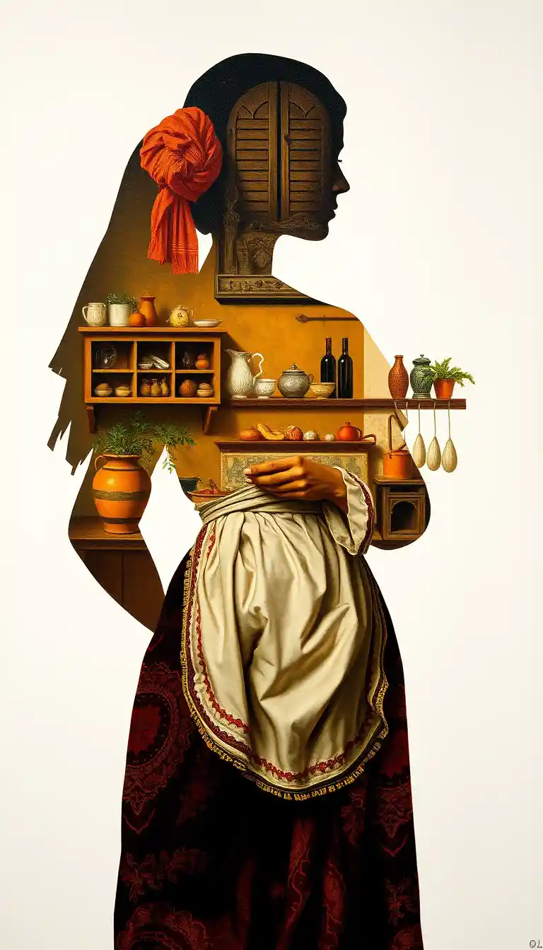 Cozinha tradicional dentro da silhueta de uma mulher mexicana