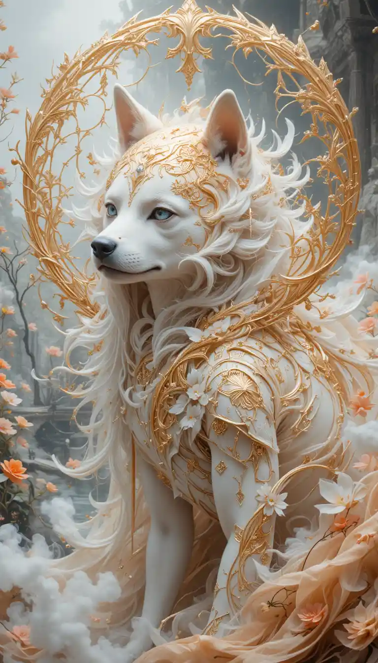 Mythical spirit creature before a white fantasy palace