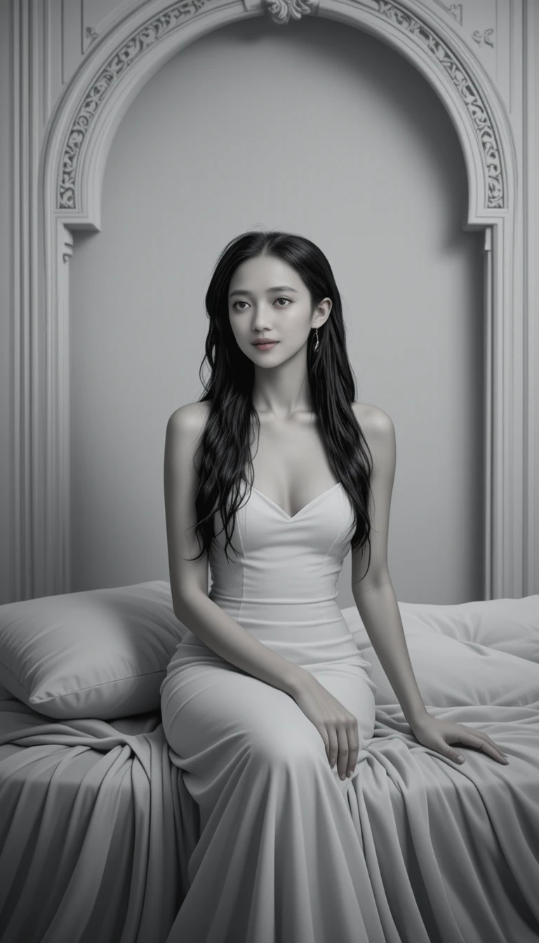 Elegant young woman seated in a serene monochrome interior