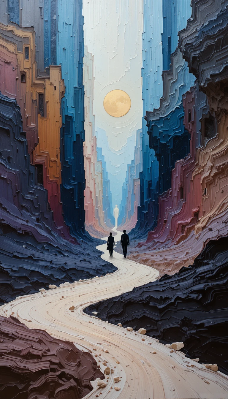 Silent abstract landscape with dissolving walking figures
