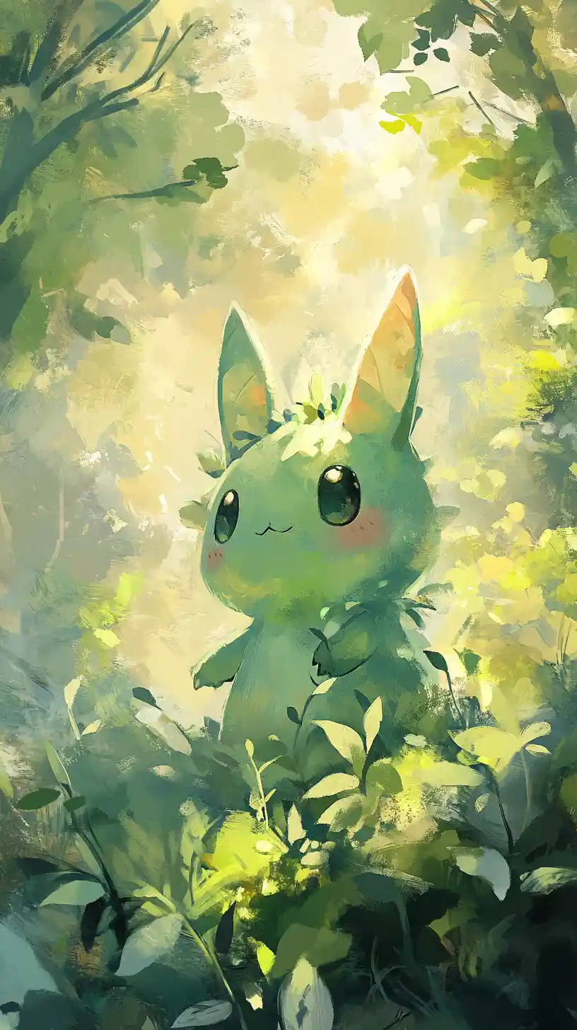 Anime plant mascot in a serene dreamy forest scene