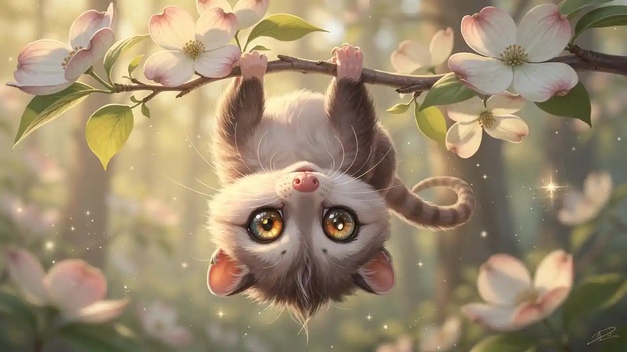 Süßes Baby-Opossum, das an einem blühenden Frühlingszweig hängt
