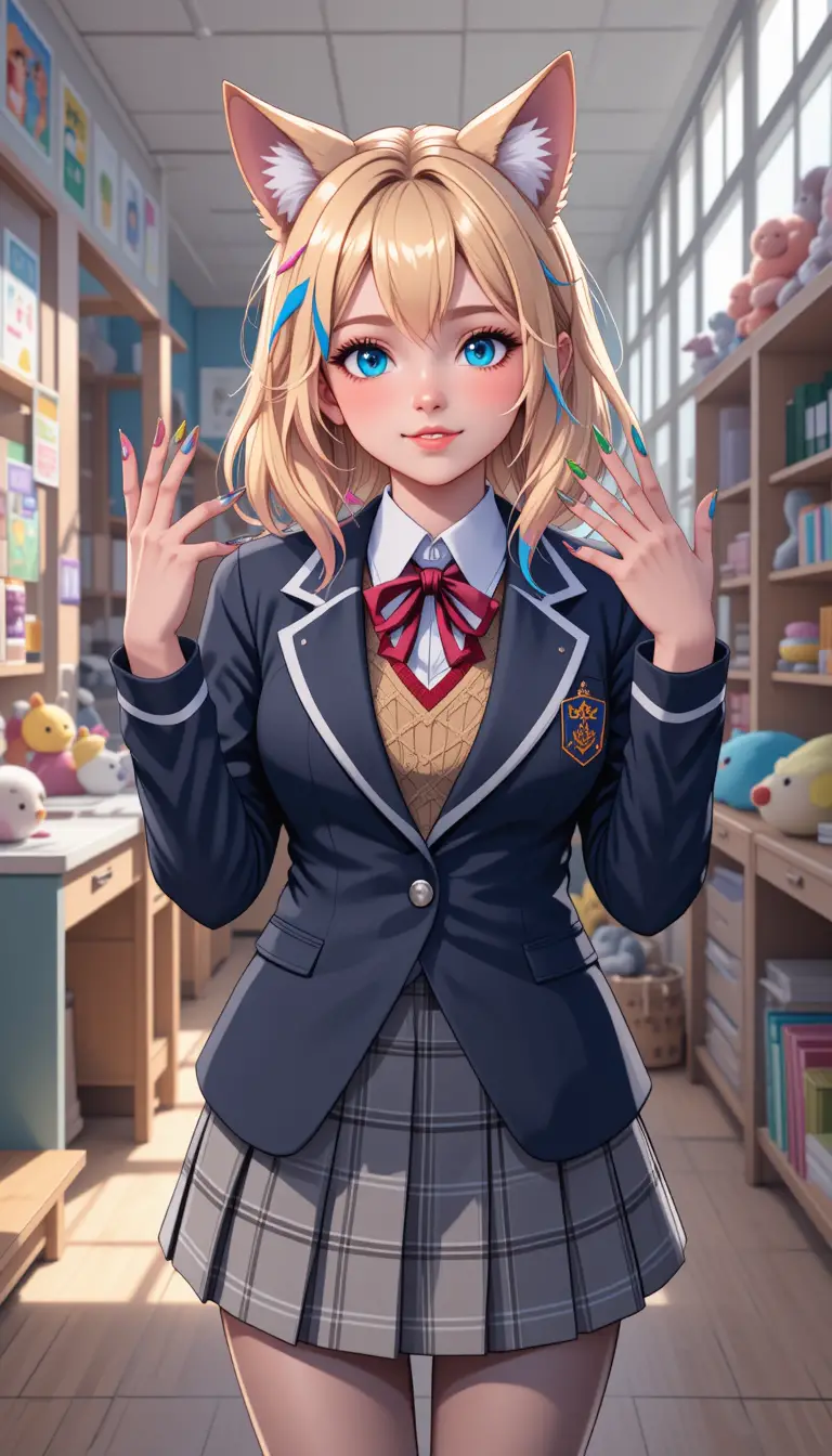 Fröhliches Anime-Schoolgirl mit Werwolf-Merkmalen im Wohnheimzimmer
