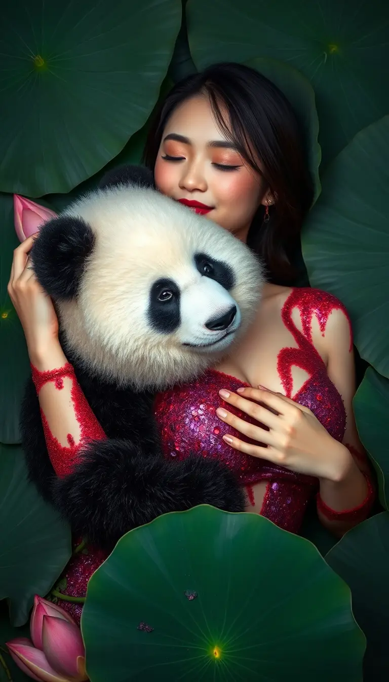 Woman with giant panda in lotus pond fantasy scene
