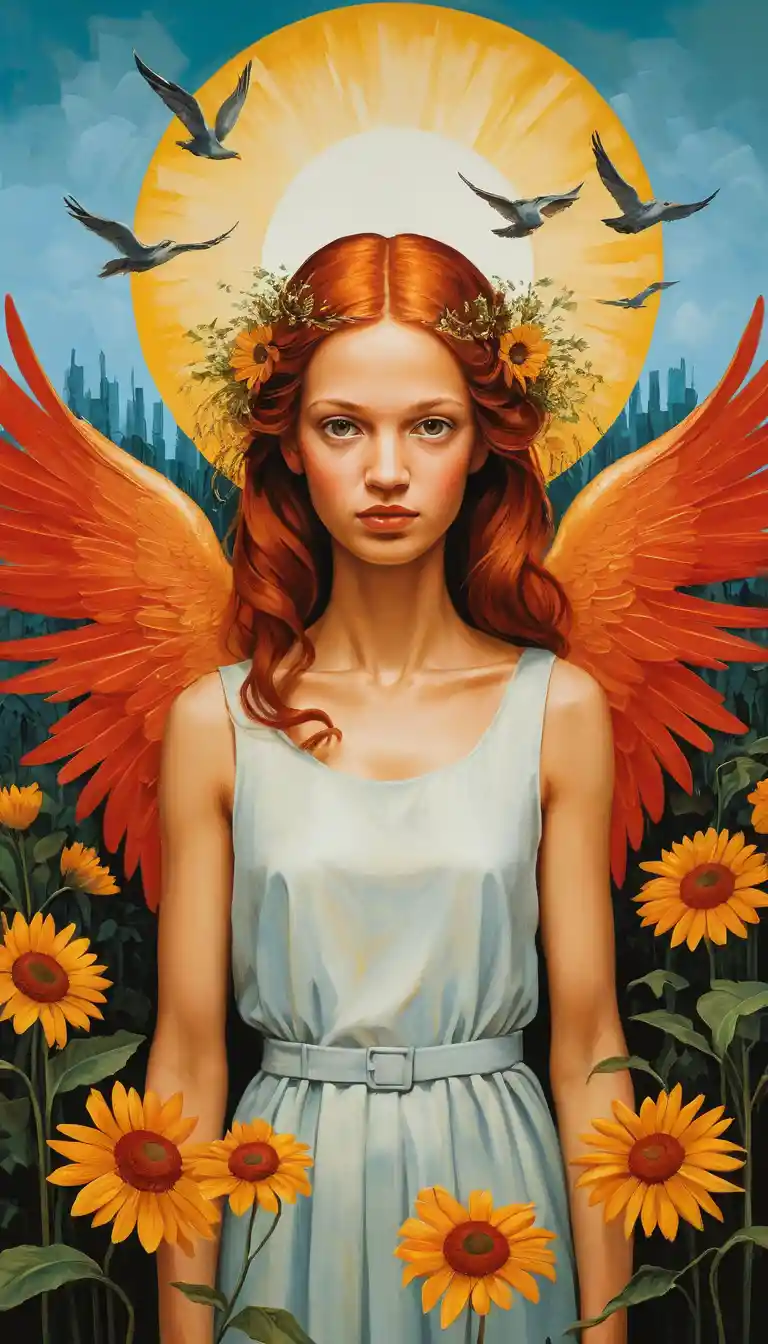 Impressionist child angel with sunflower umbrella in yellow coat