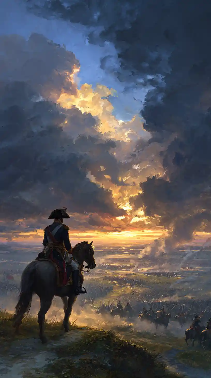 Napoleone a Cavallo che Osserva un Campo di Battaglia al Tramonto
