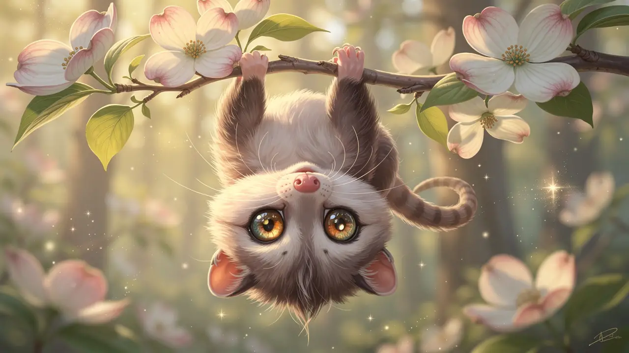 Cute baby opossum hanging from a blooming spring branch