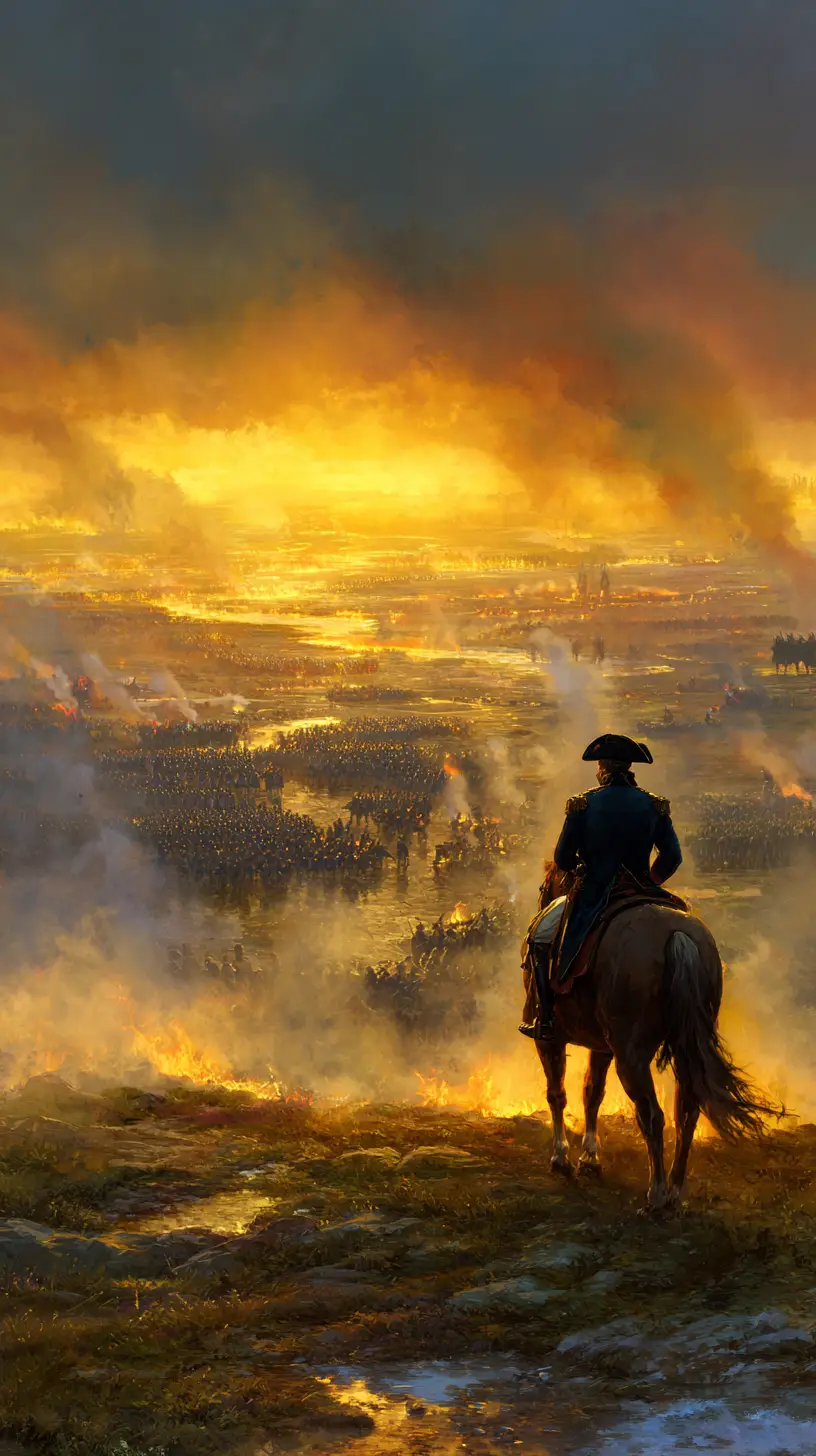Napoleon On Horseback Overlooking A Sunset Battlefield