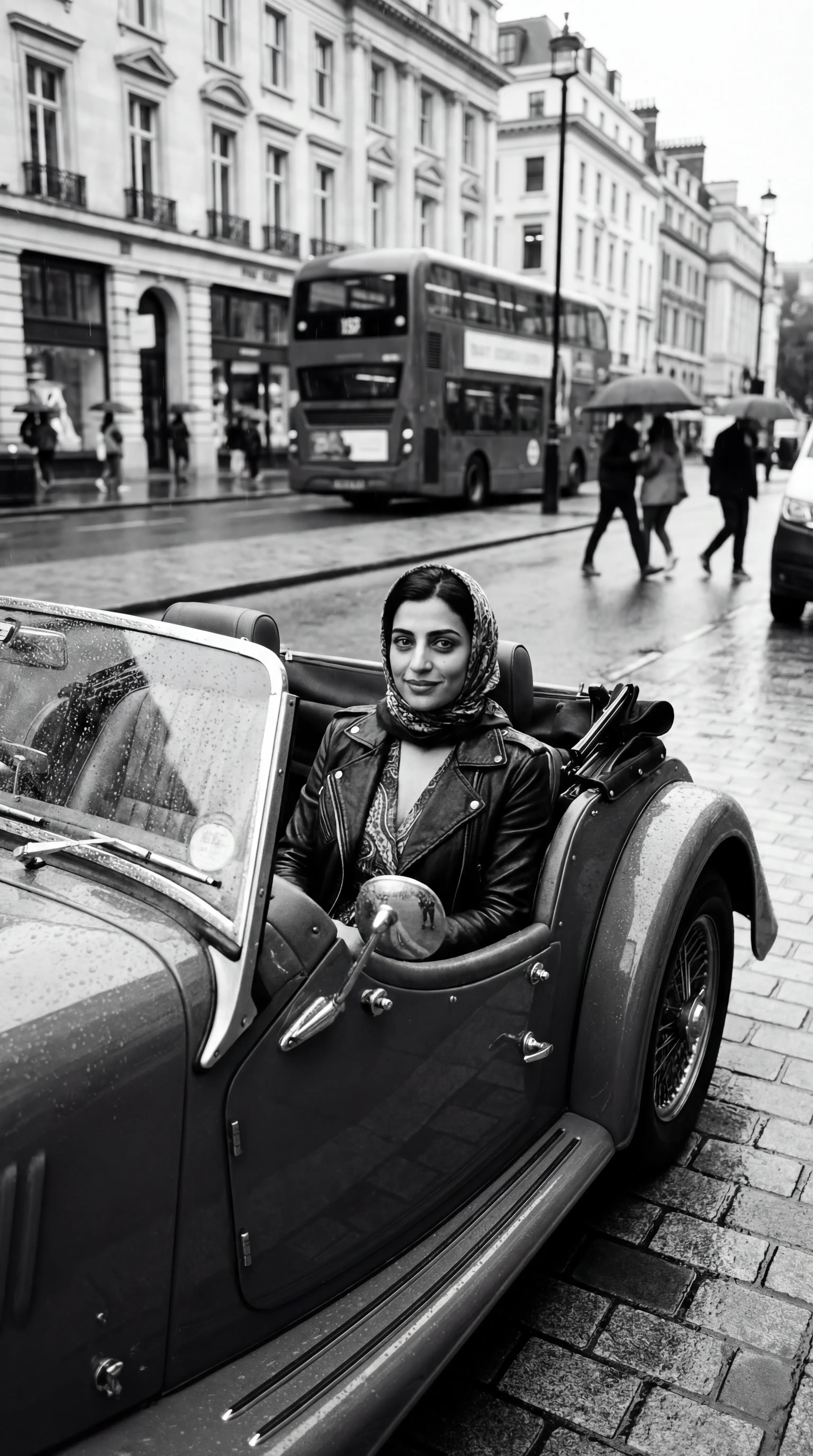 Stylish woman in vintage convertible on London street