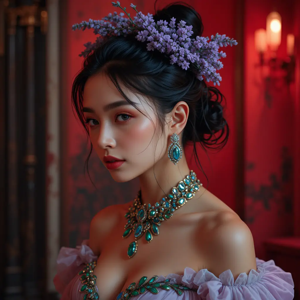 Side profile of a woman in red light with diamond jewelry