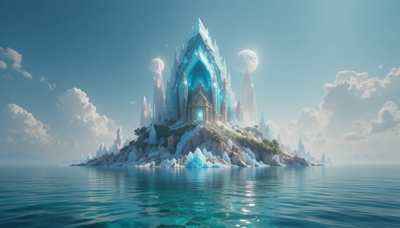 Templo en isla de cristal que brilla bajo lunas gemelas en el mar