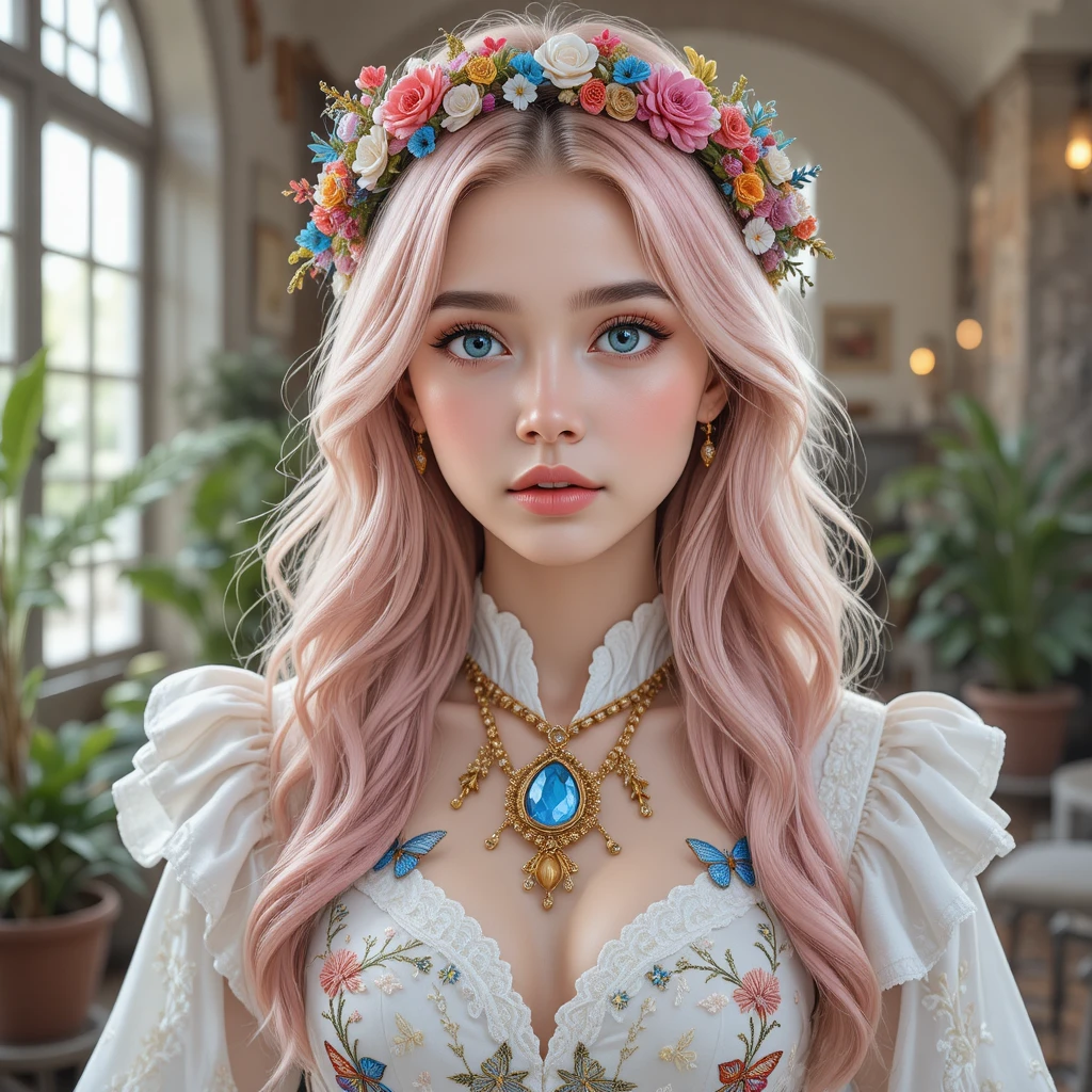 Junge Frau mit pastellrosa Haaren und floralen Details