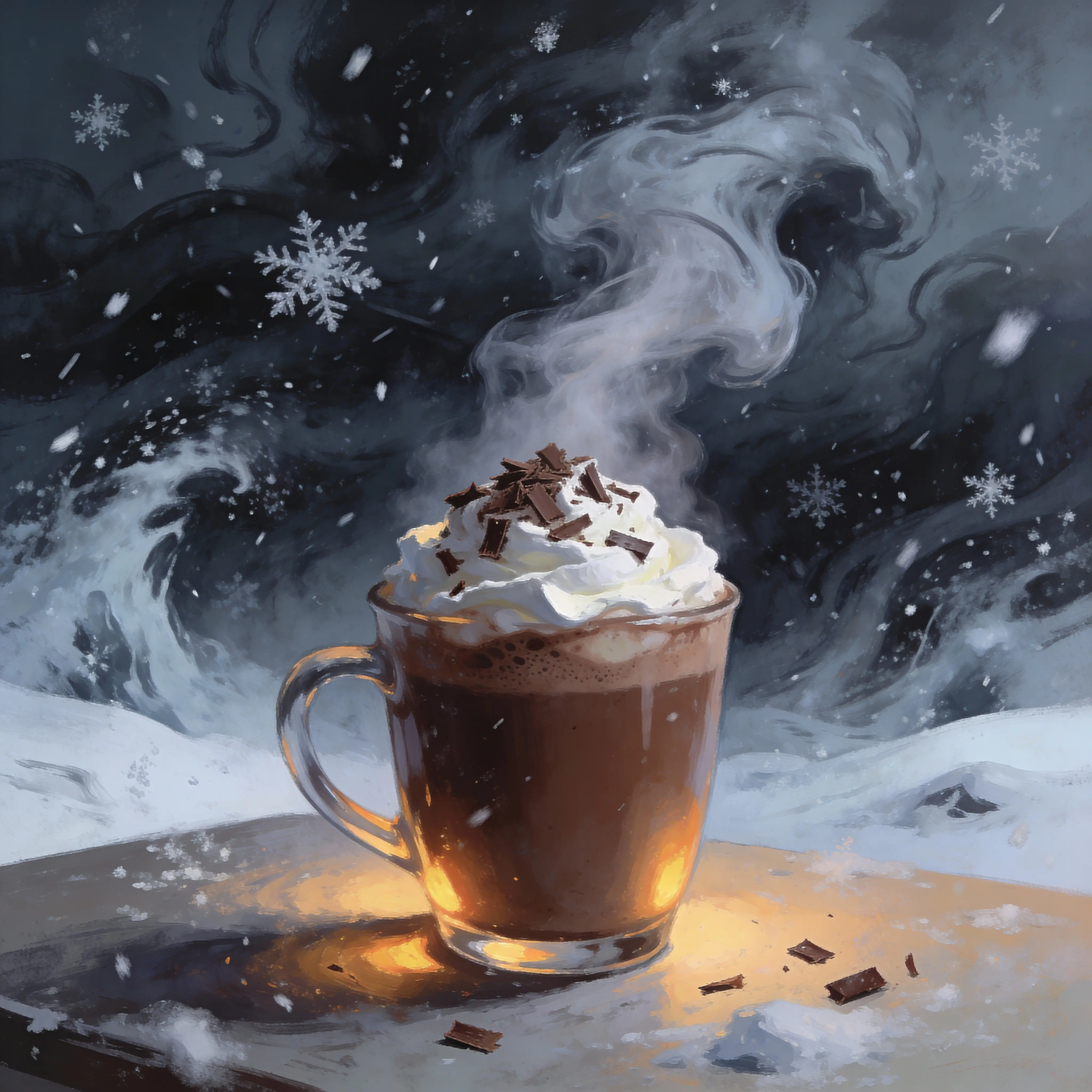 Steaming Hot Chocolate Cup Against Winter Blizzard Background