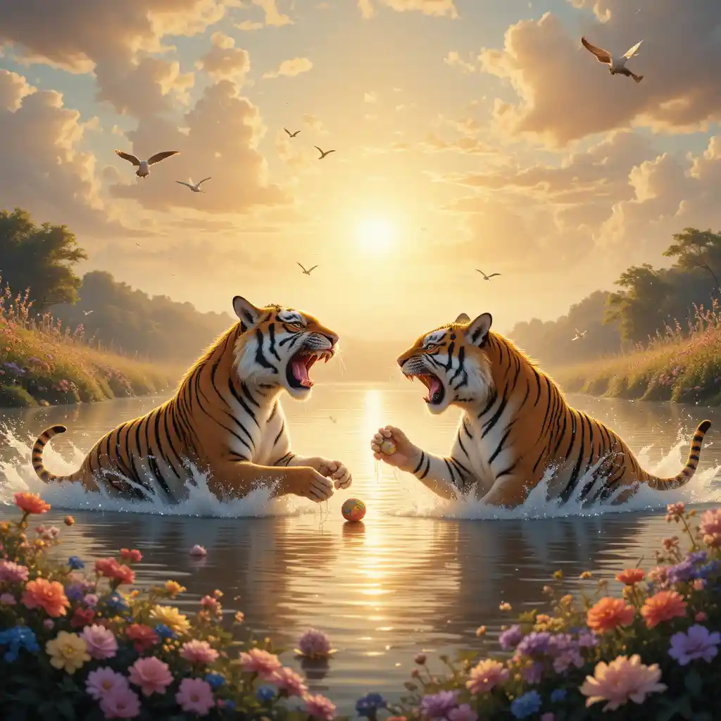 Verspielte Tiger planschen in einem traumhaften See zur goldenen Stunde