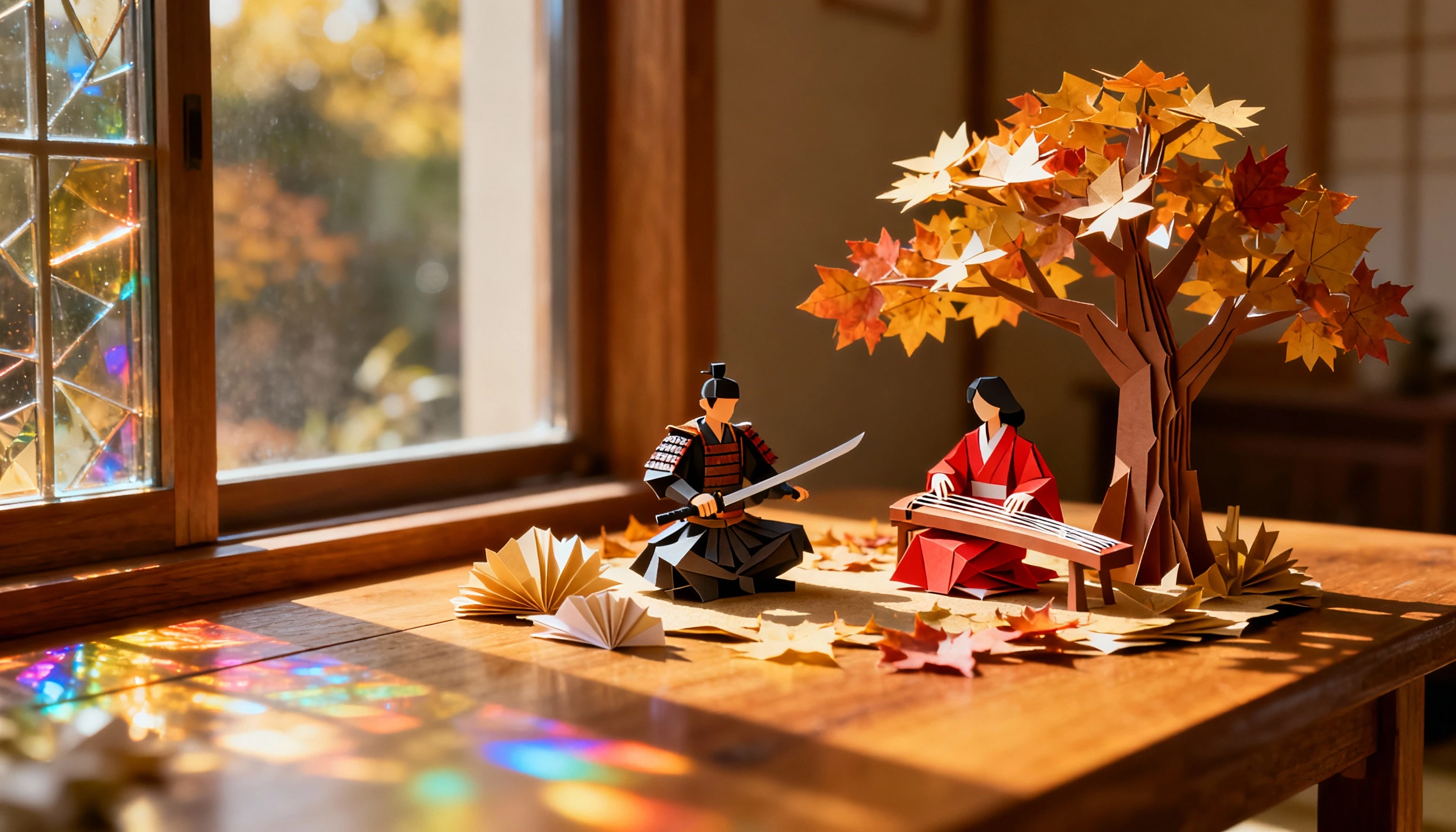 Samurái y músico de origami en calma sobre una mesa iluminada por el sol