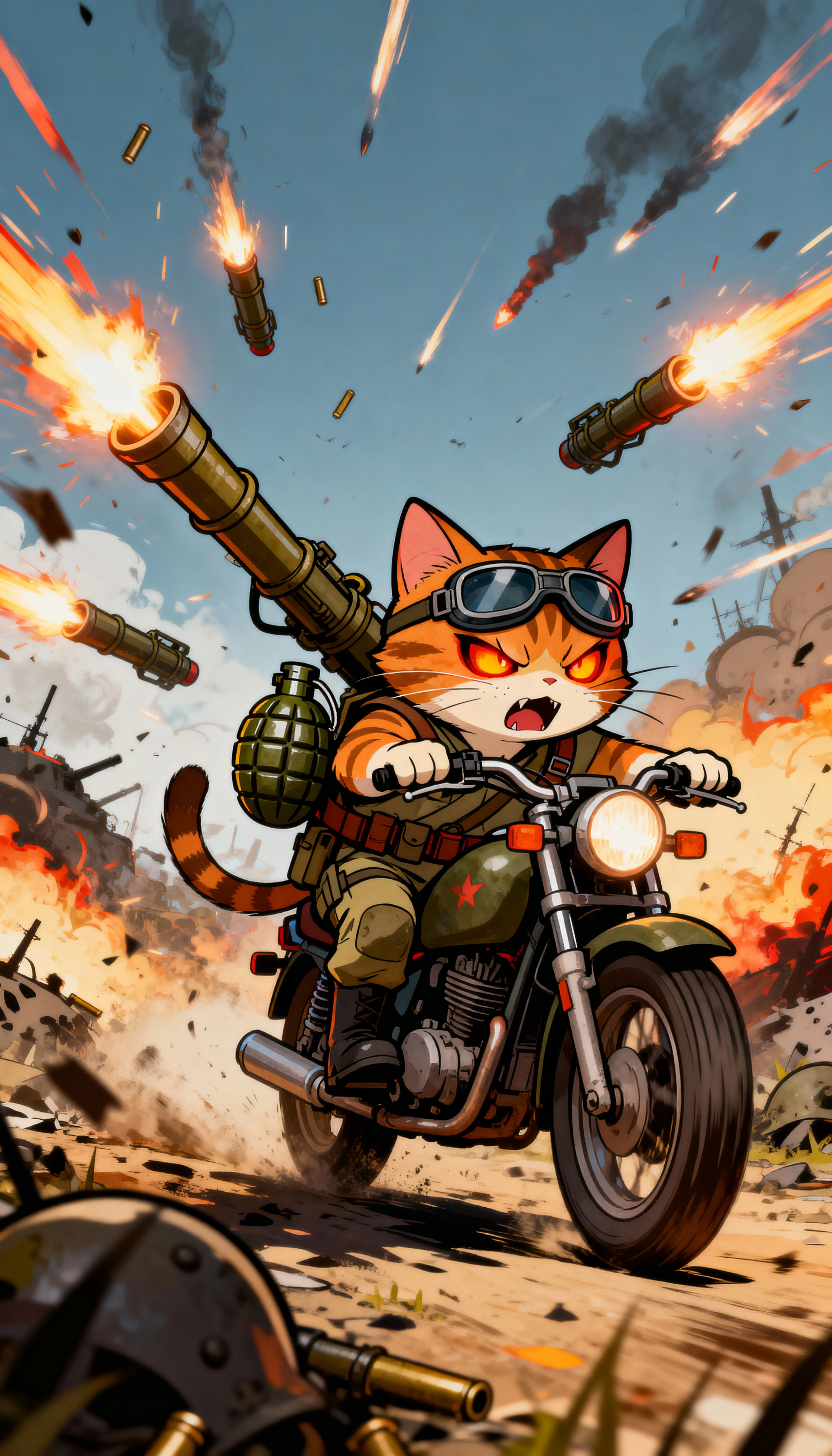 Gatto di guerra in moto che spara bazooka in battaglia (cartoon)