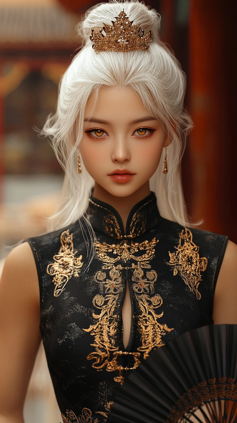 Elegant Asian woman in black and gold evening dress