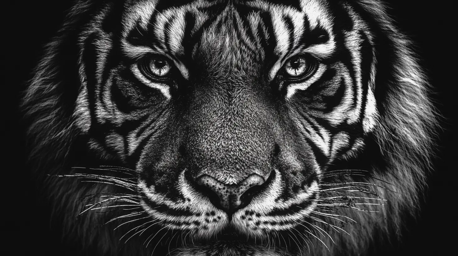 Close up black and white tiger horror portrait