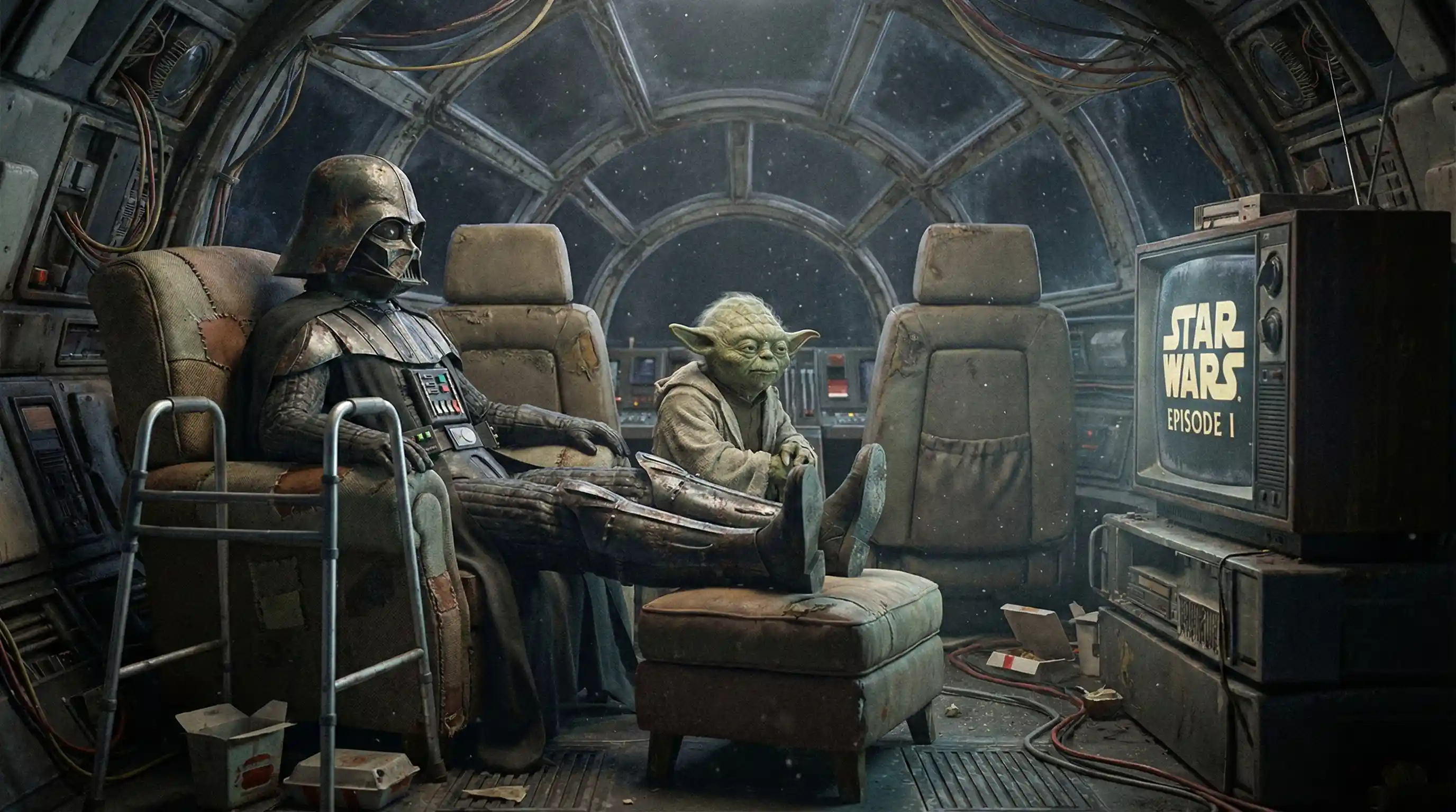 Old masked man relaxing in a worn spaceship armchair
