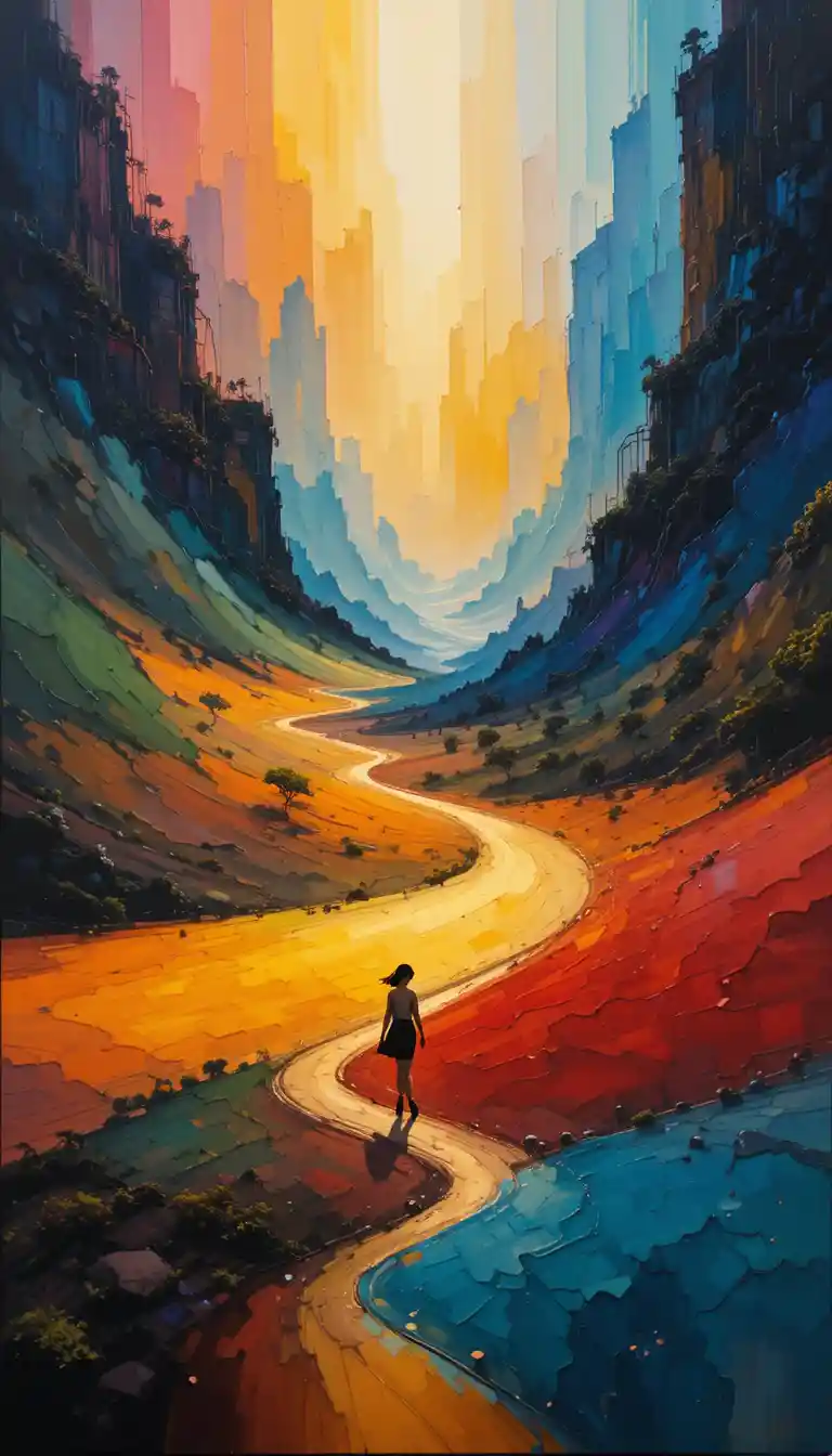 Vibrant abstract landscape with walking semiabstract figures