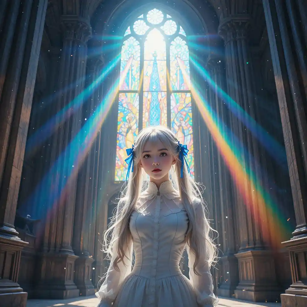 Anime girl in stained glass cathedral light with serene gaze