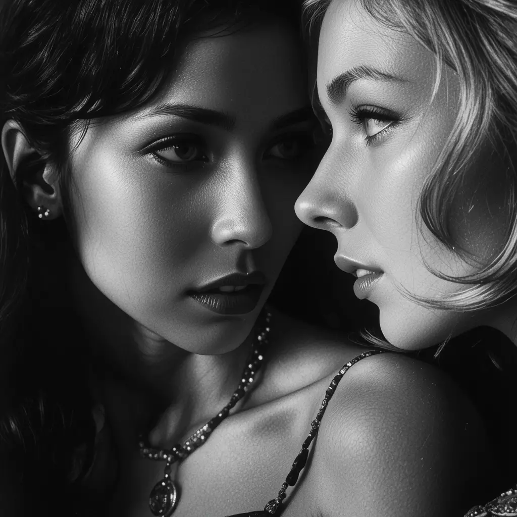 Two actresses in tense black and white close portrait