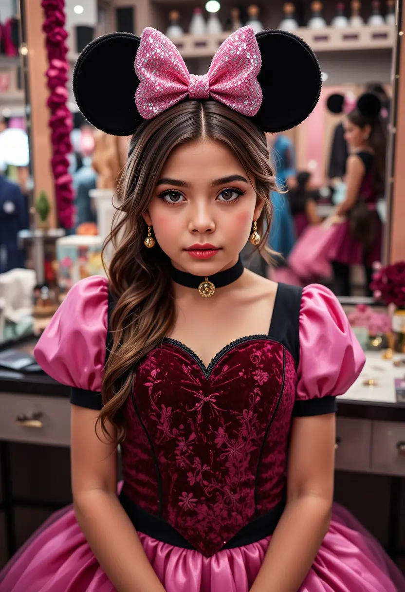 Tween boy in pink minnie dress at boutique vanity
