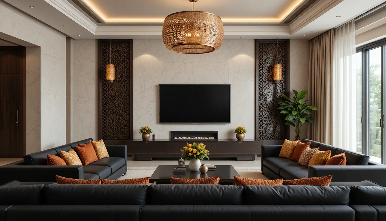 Modern black sofa living room with Afrocentric decor