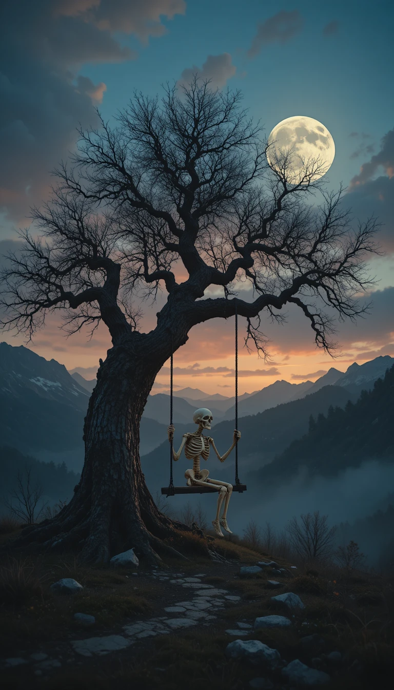 Skeleton On A Swing Beneath An Ancient Tree At Twilight