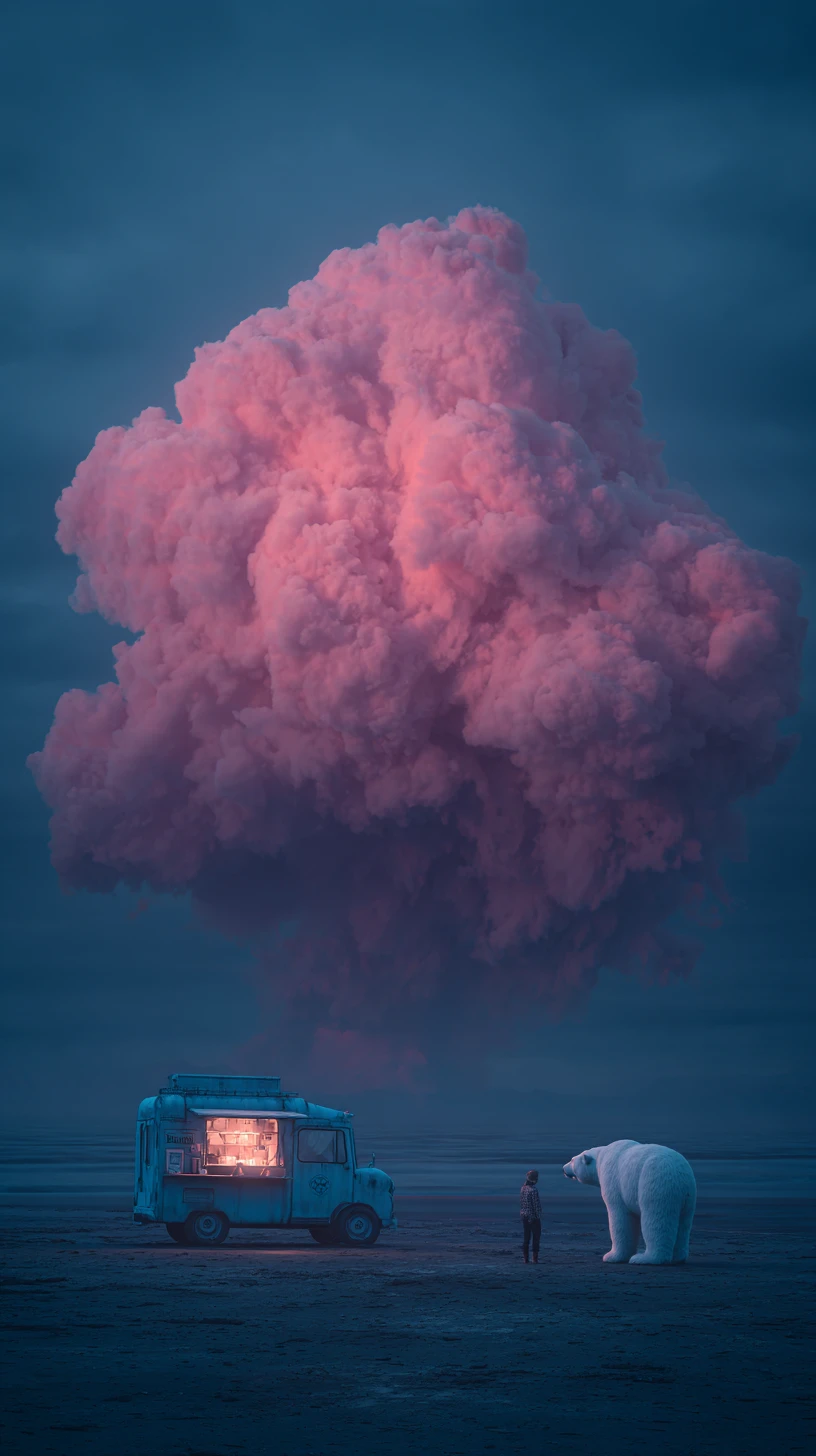 Surreal twilight beach with glowing blue food truck