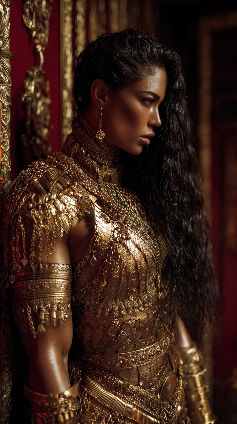 Powerful middle eastern warrior goddess in golden armor