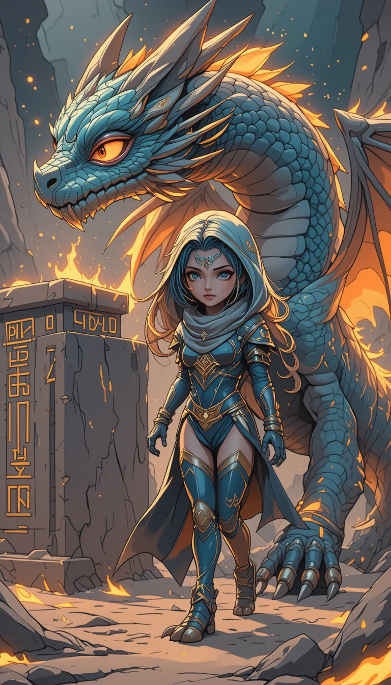 Guerrière d’anime marchant aux côtés d’un dragon gigantesque