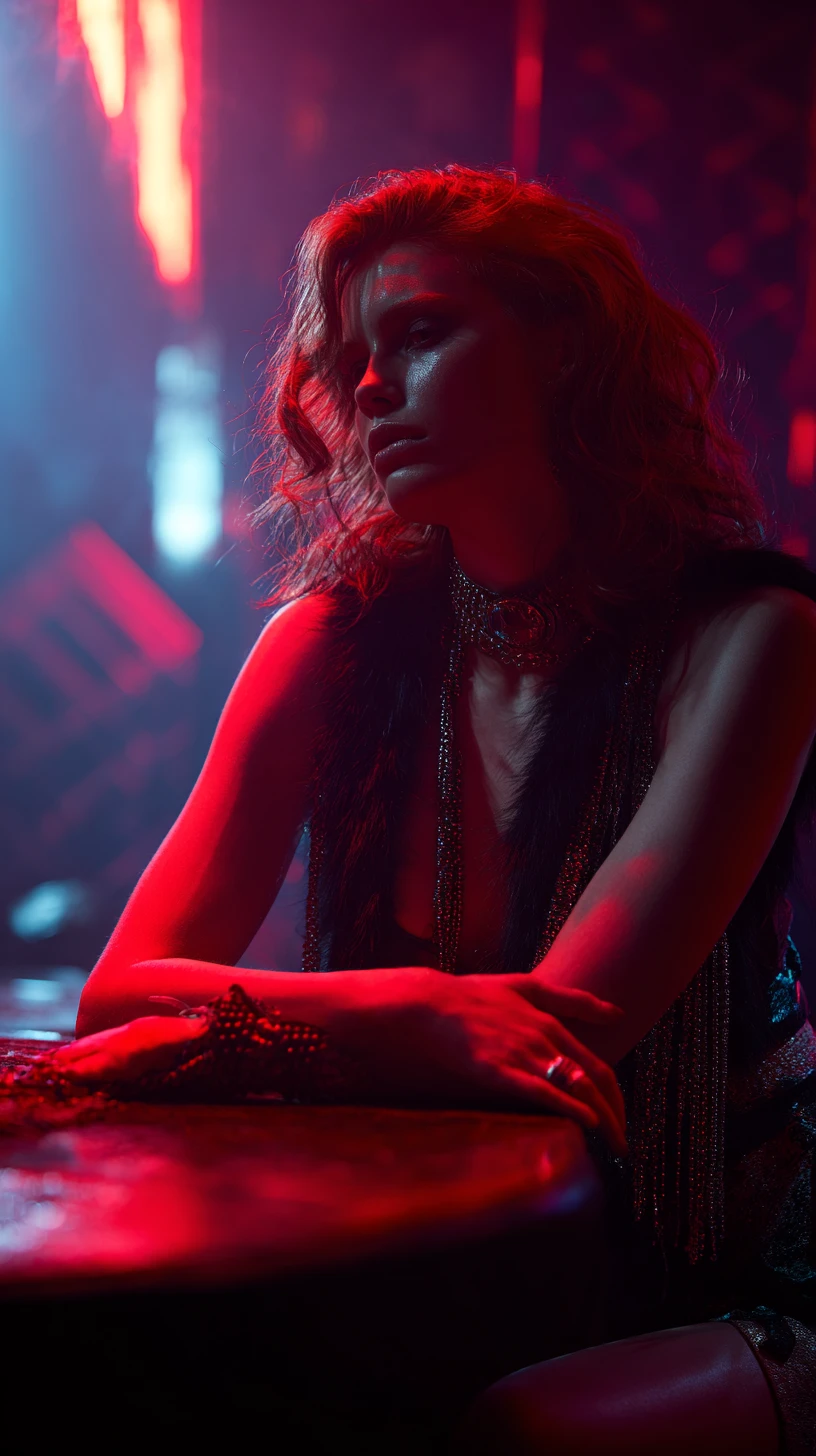 Muscular red haired woman in neon cyberpunk portrait