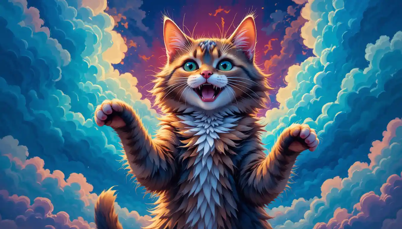 Gatto cartoon giocoso con colorato sfondo di nuvole vorticoso