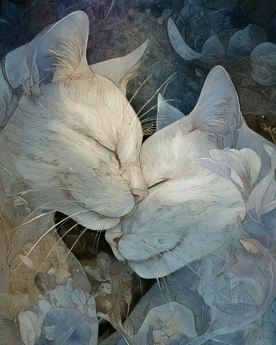 Two fantasy cats sharing a tender kiss in utopian art
