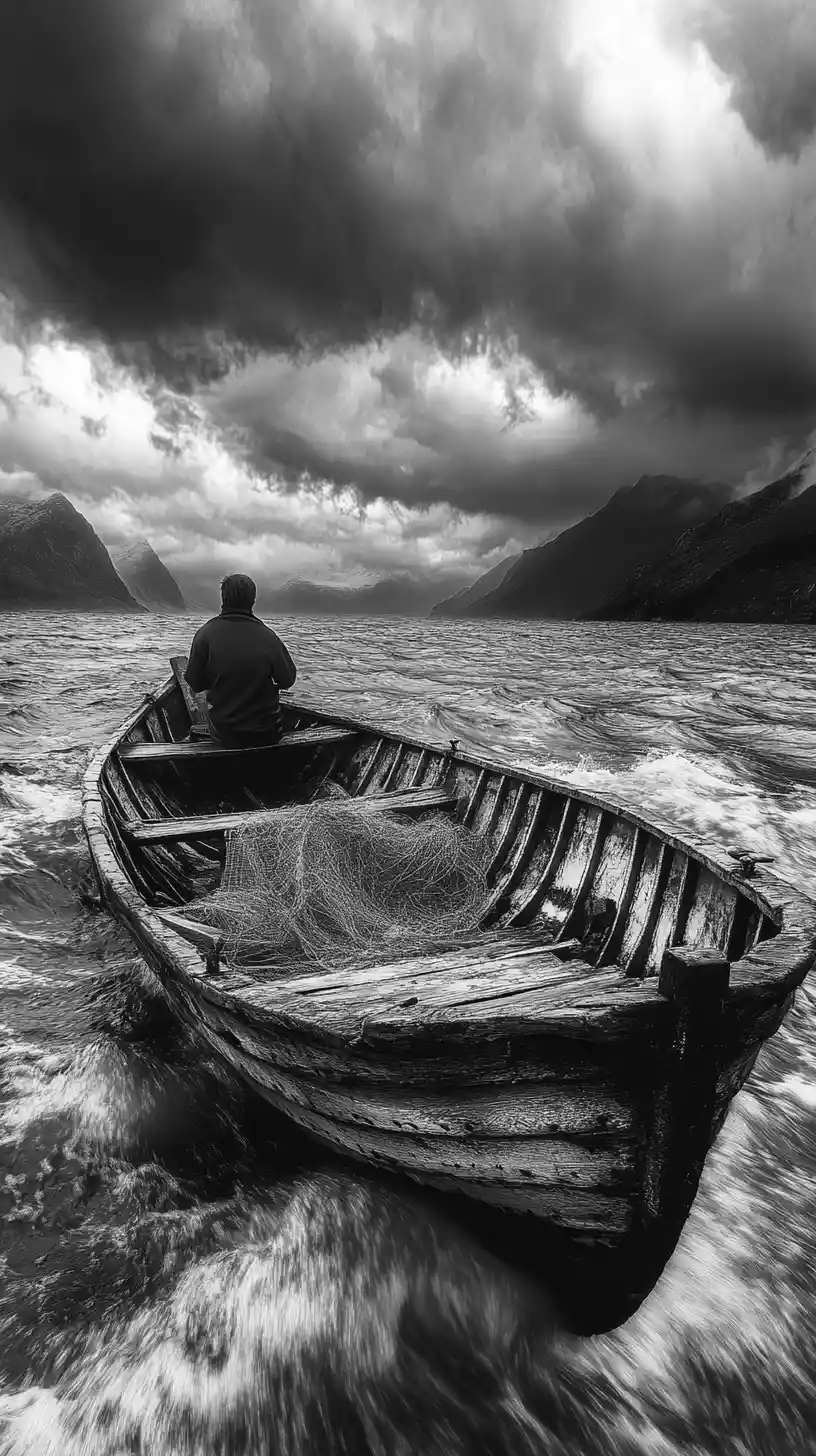 Fisherman in a rowboat on stormy mountain lake