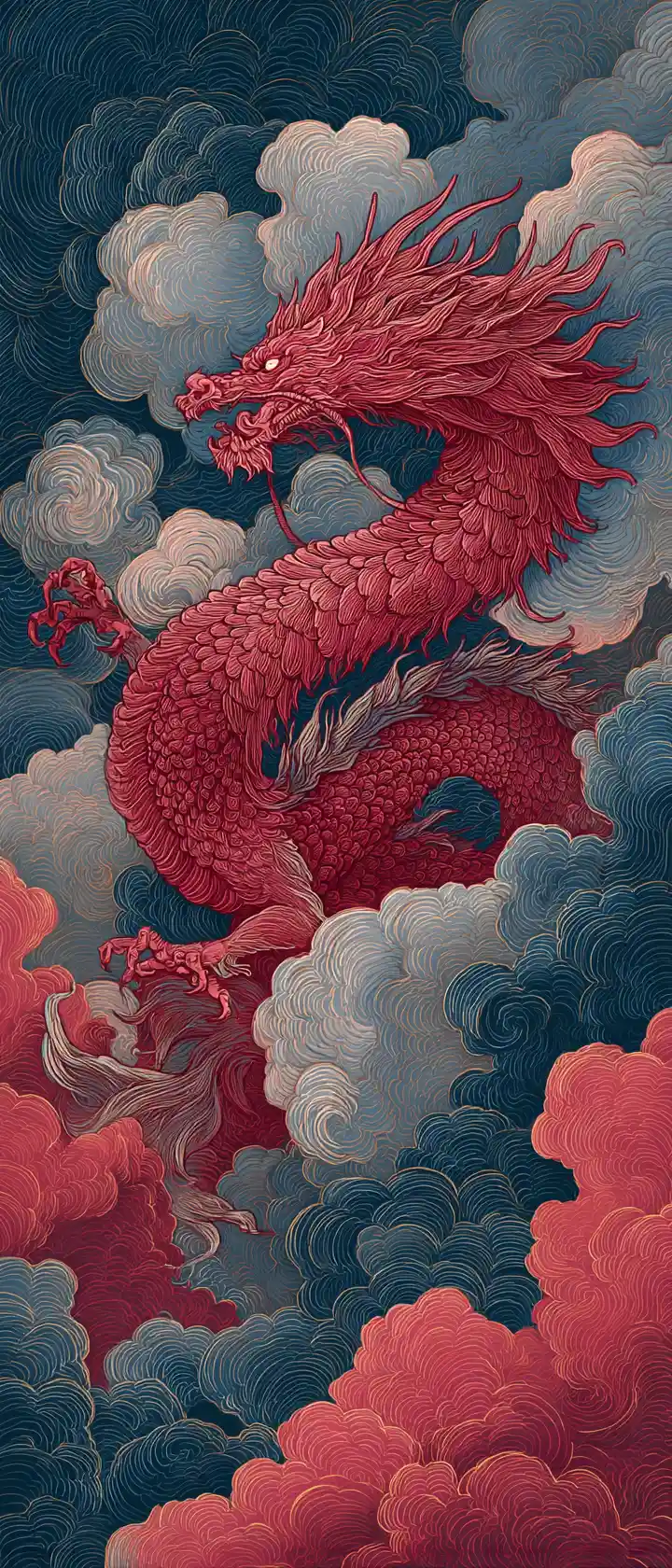 Red dragon beneath a dramatic stormy sky in fantasy art