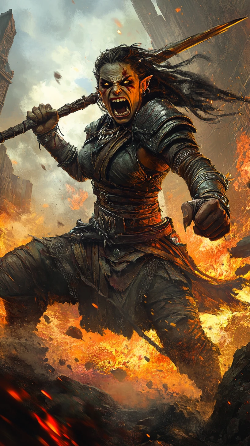Orc warrior woman shouting with spear on burning rocks