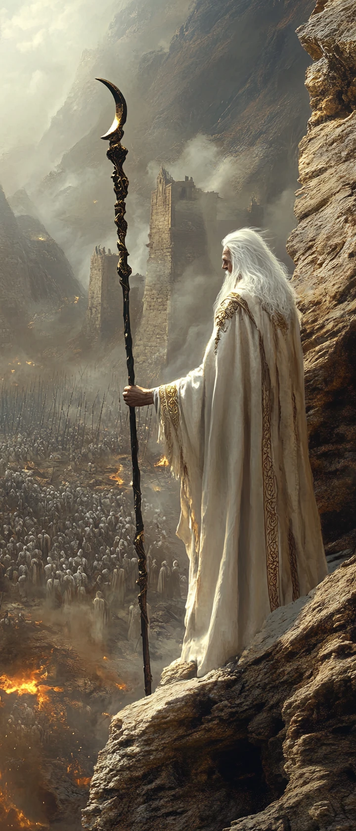 Ancient wizard overlooking a vast fantasy battlefield