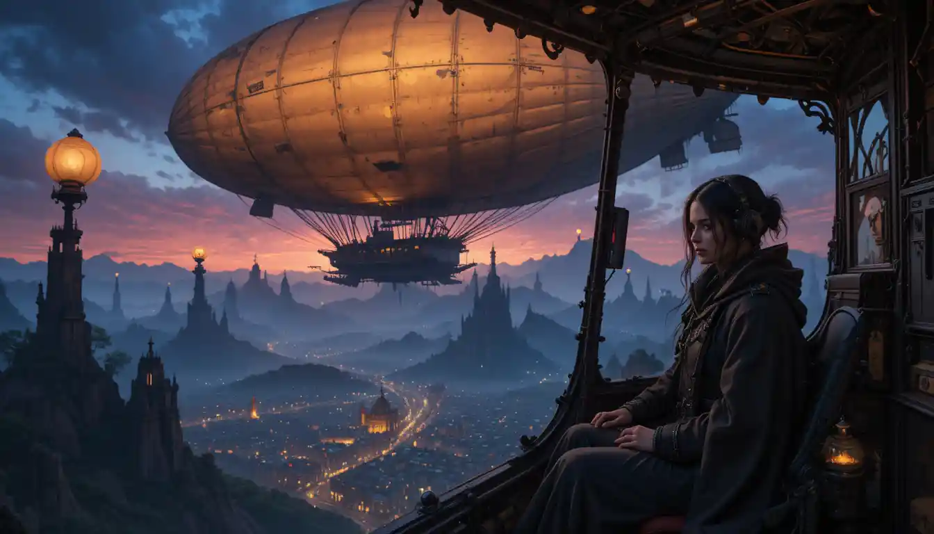 Donna che pilota un dirigibile steampunk nei cieli del crepuscolo