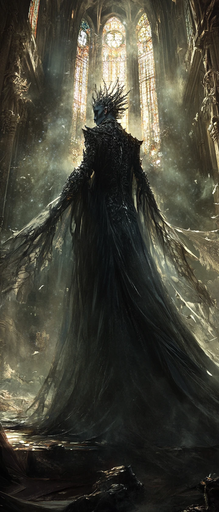 Ghostly orc queen standing in a ruined moonlit ballroom