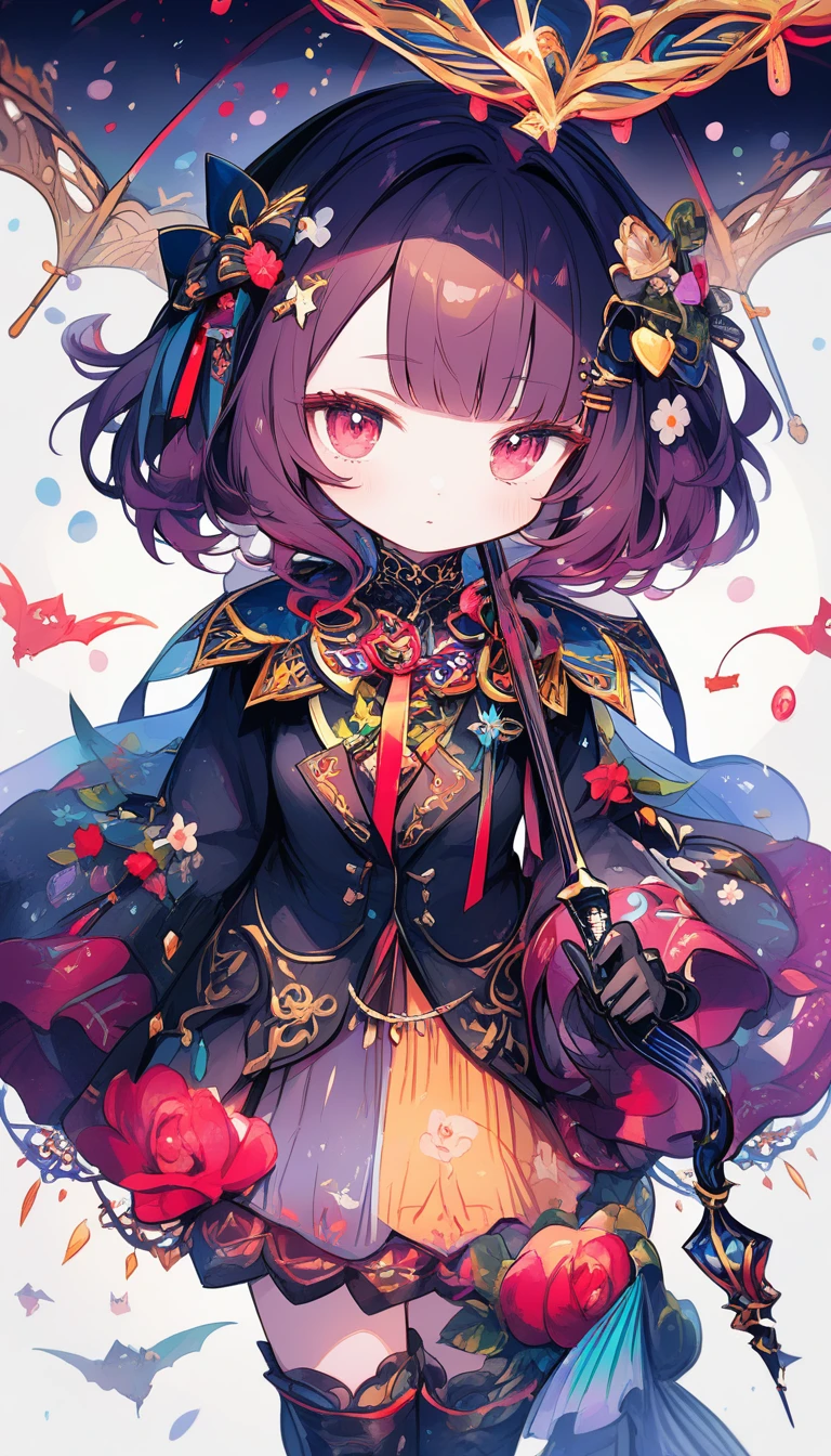 Cute black chibi dragon with umbrella in the rain
