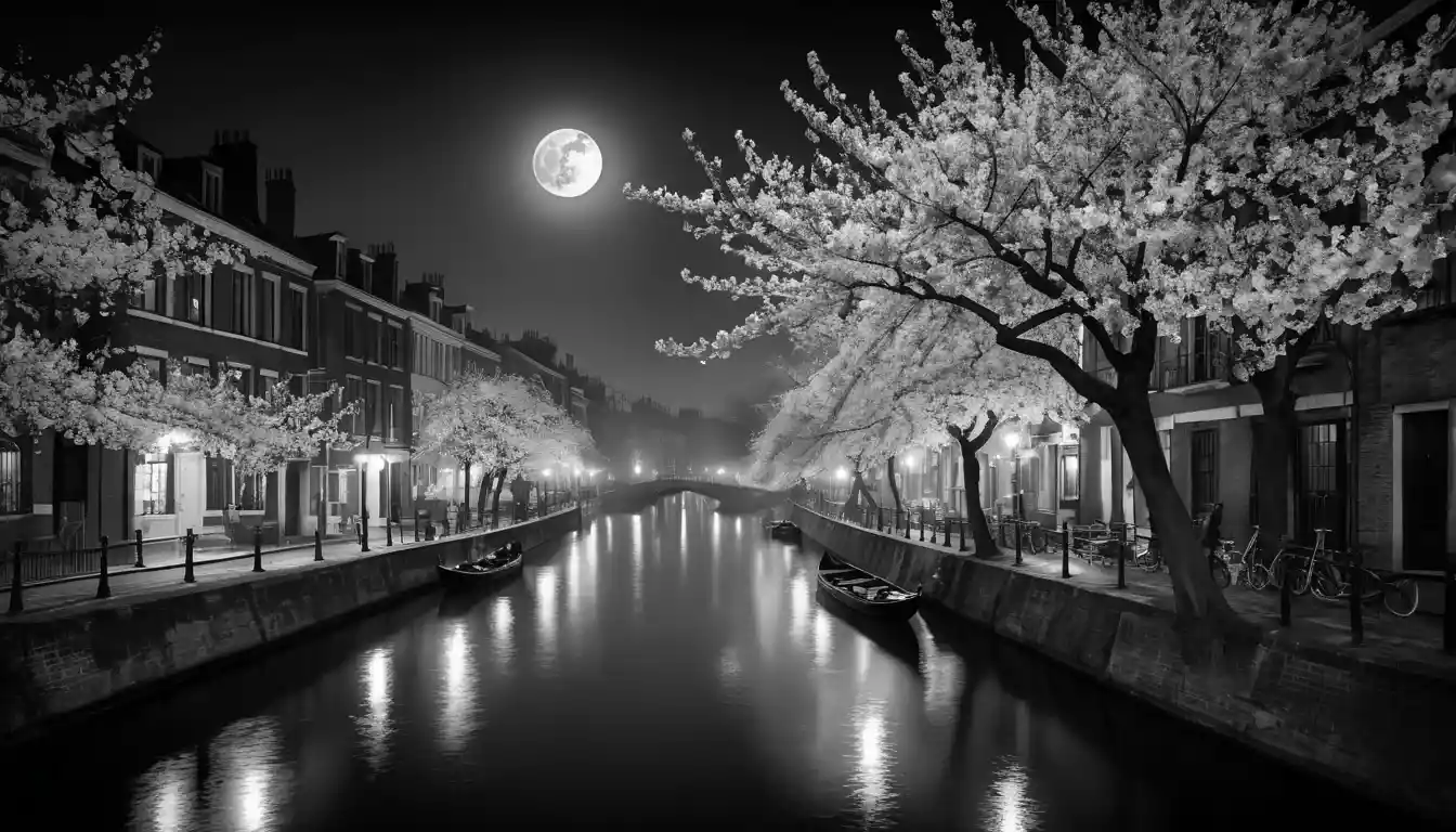 Spring cityscape under a glowing full moon with cherry blossoms