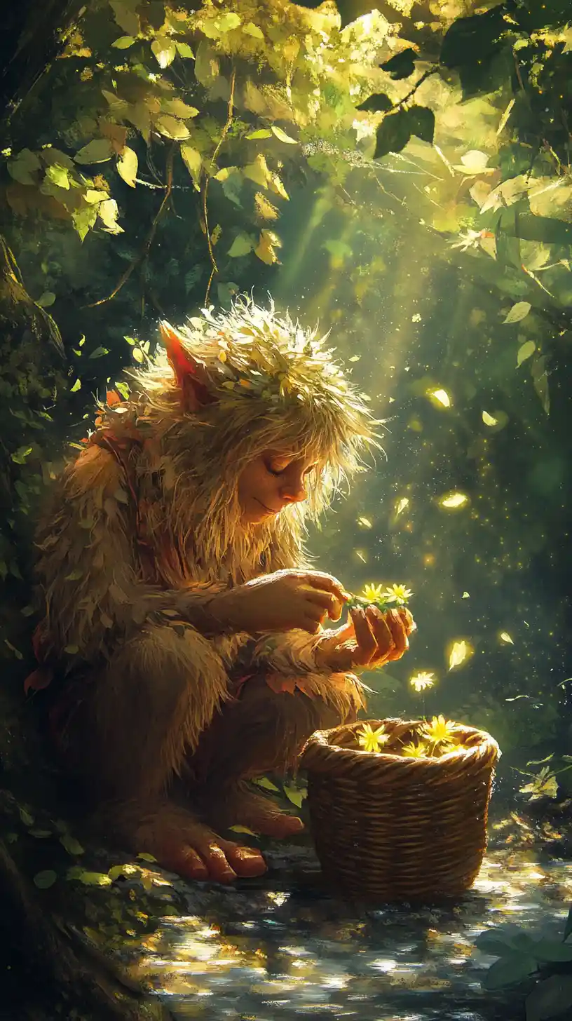 Gentle troll placing a wildflower by a forest brook