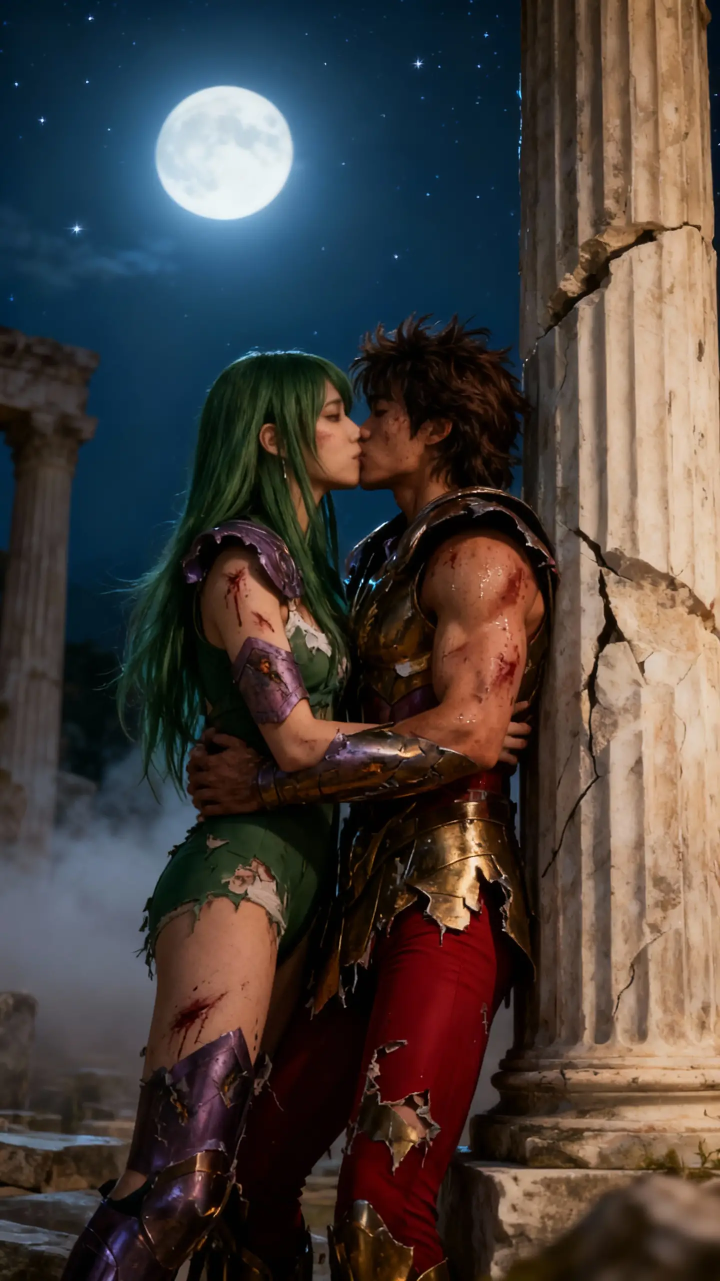 Lovers embrace under moonlight in ancient greek ruins