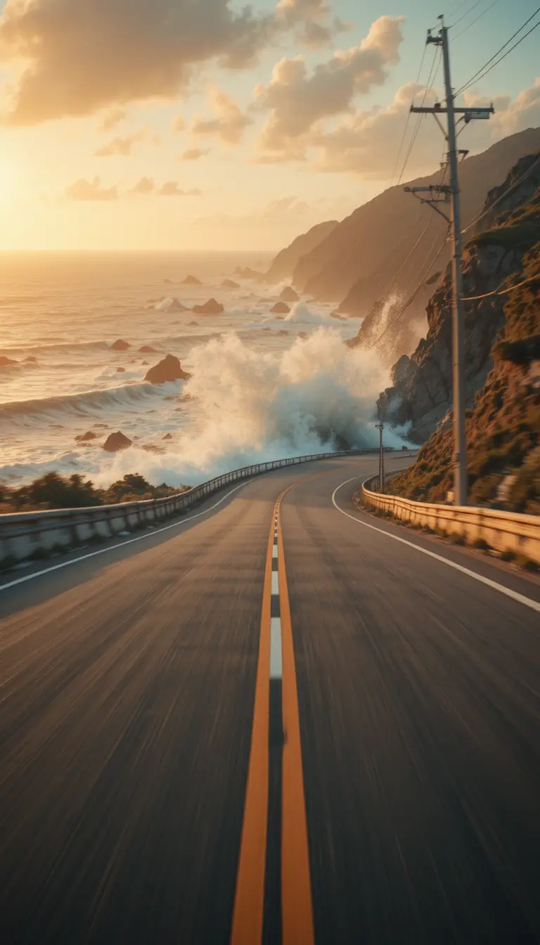 High speed car racing along a sunlit coastal highway