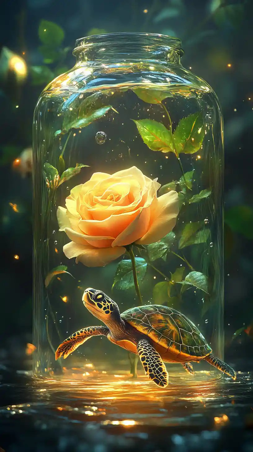 Yellow rose and glowing turtle in glass container illustration